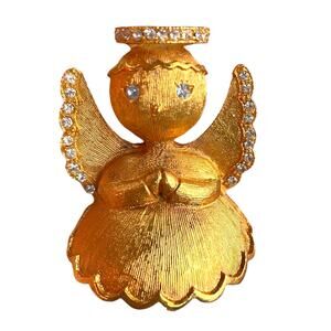 Vintage Ultra Angel Brooch Pin Rhinestone Halo Wings Gold Tone Metal Christmas